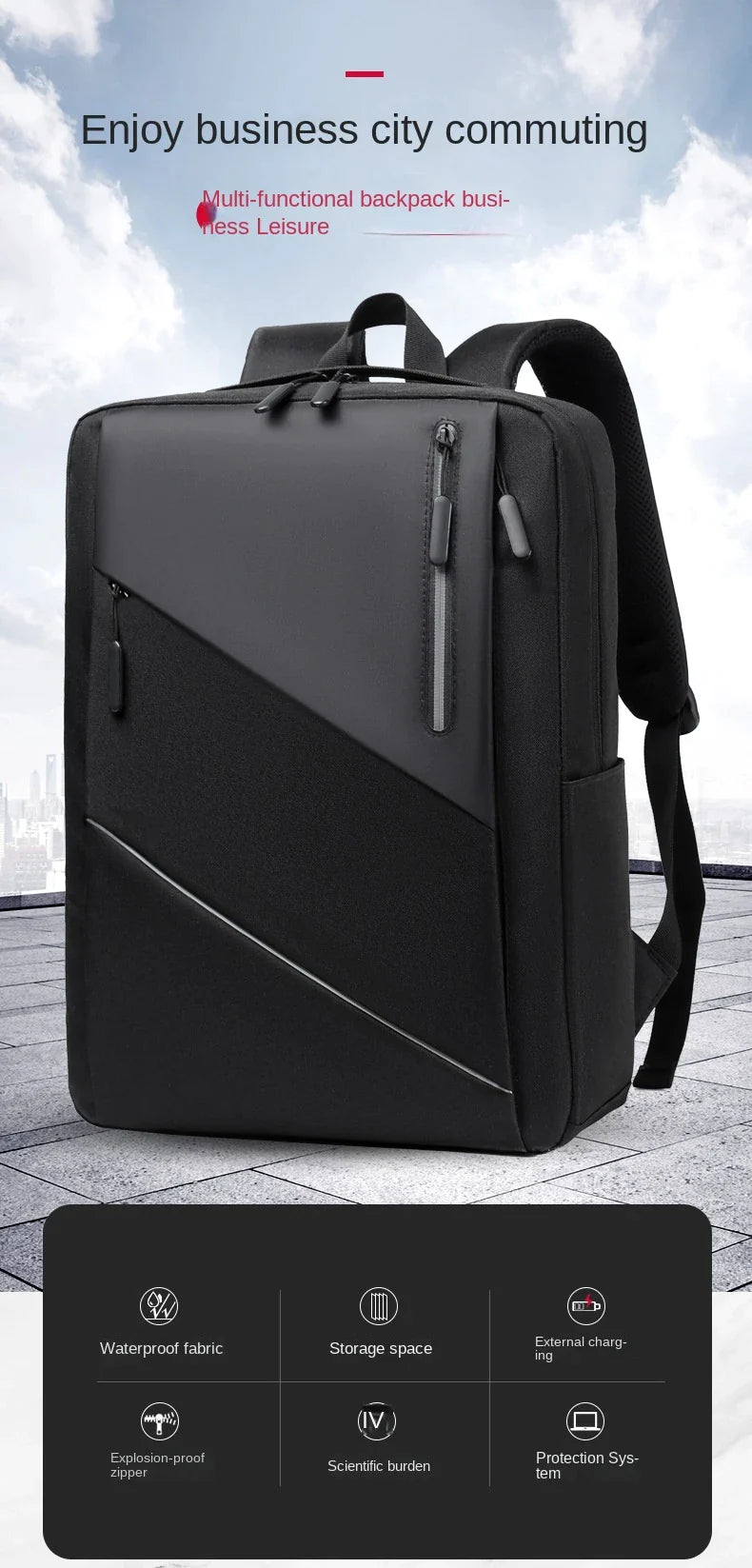 Large Capacity Waterproof Backpack , Casual Fashion Laptop Bag, Wear-Resistant, 24Hr Smart